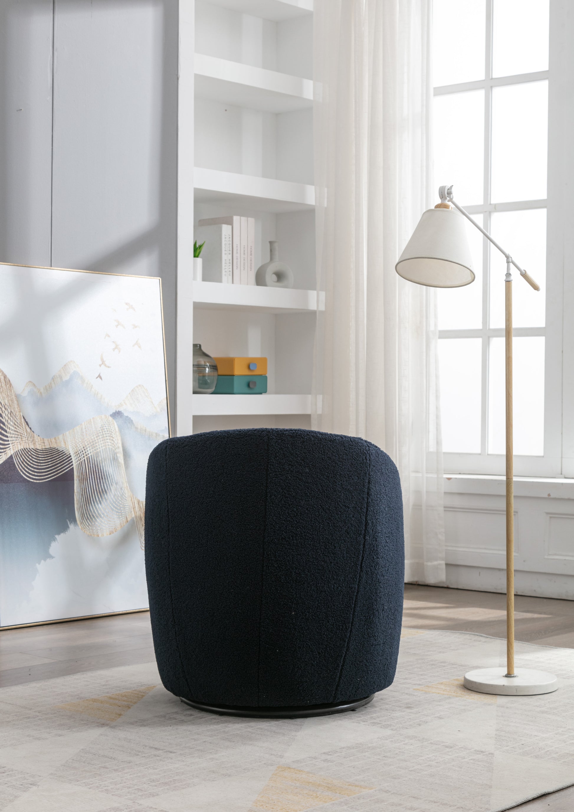 Teddy Fabric Swivel Accent Armchair Barrel Chair With Black Powder Coating Metal Ring,Dark Blue Dark Blue Foam Upholstered