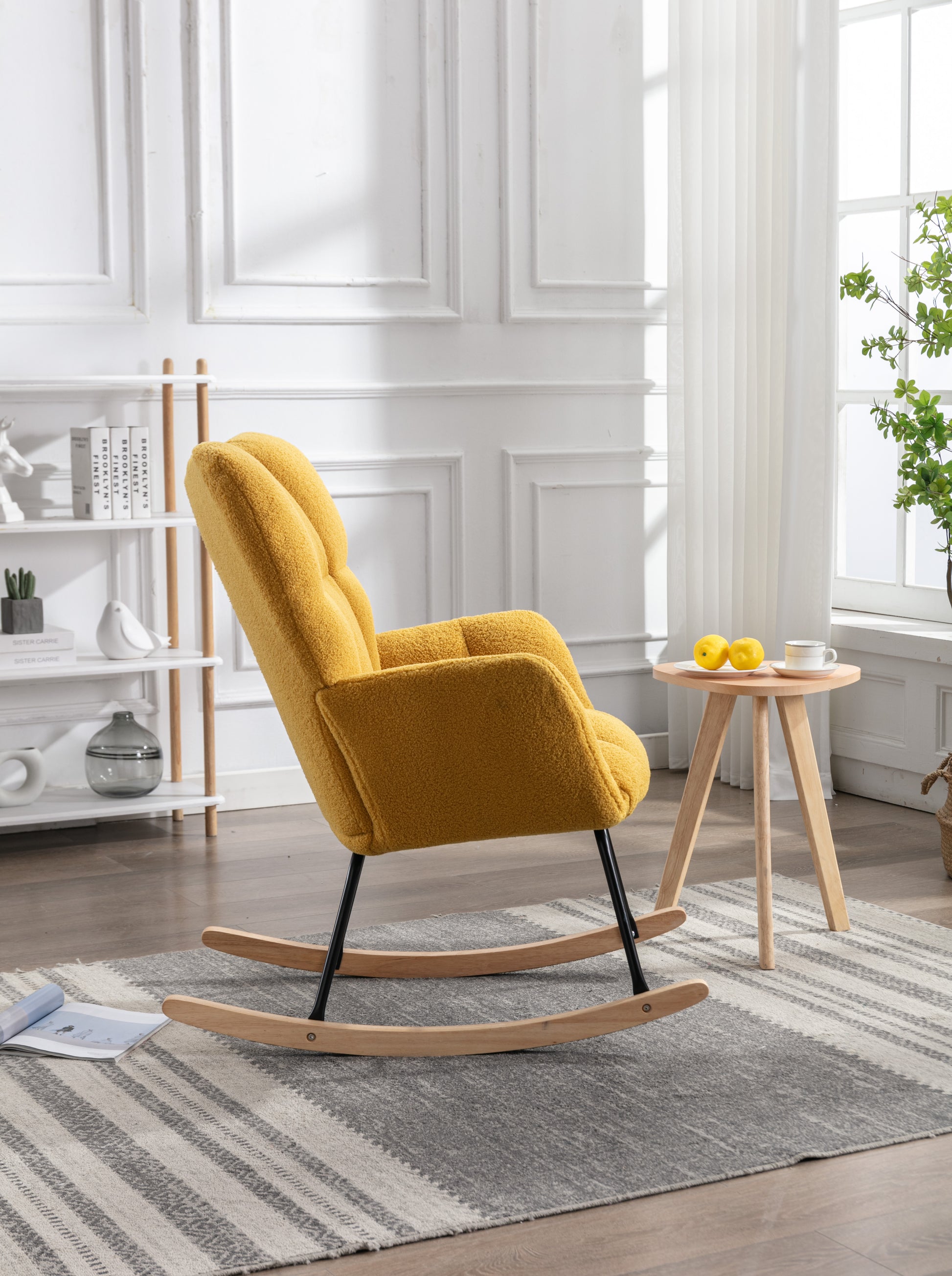 Mid Century Modern Teddy Fabric Tufted Upholstered Rocking Chair Padded Seat For Living Room Bedroom,Yellow Yellow Foam Wool