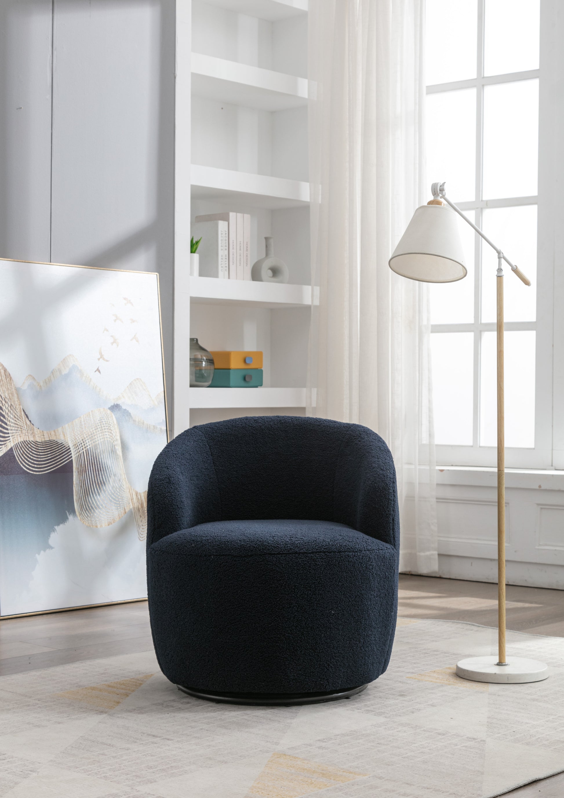 Teddy Fabric Swivel Accent Armchair Barrel Chair With Black Powder Coating Metal Ring,Dark Blue Dark Blue Foam Upholstered