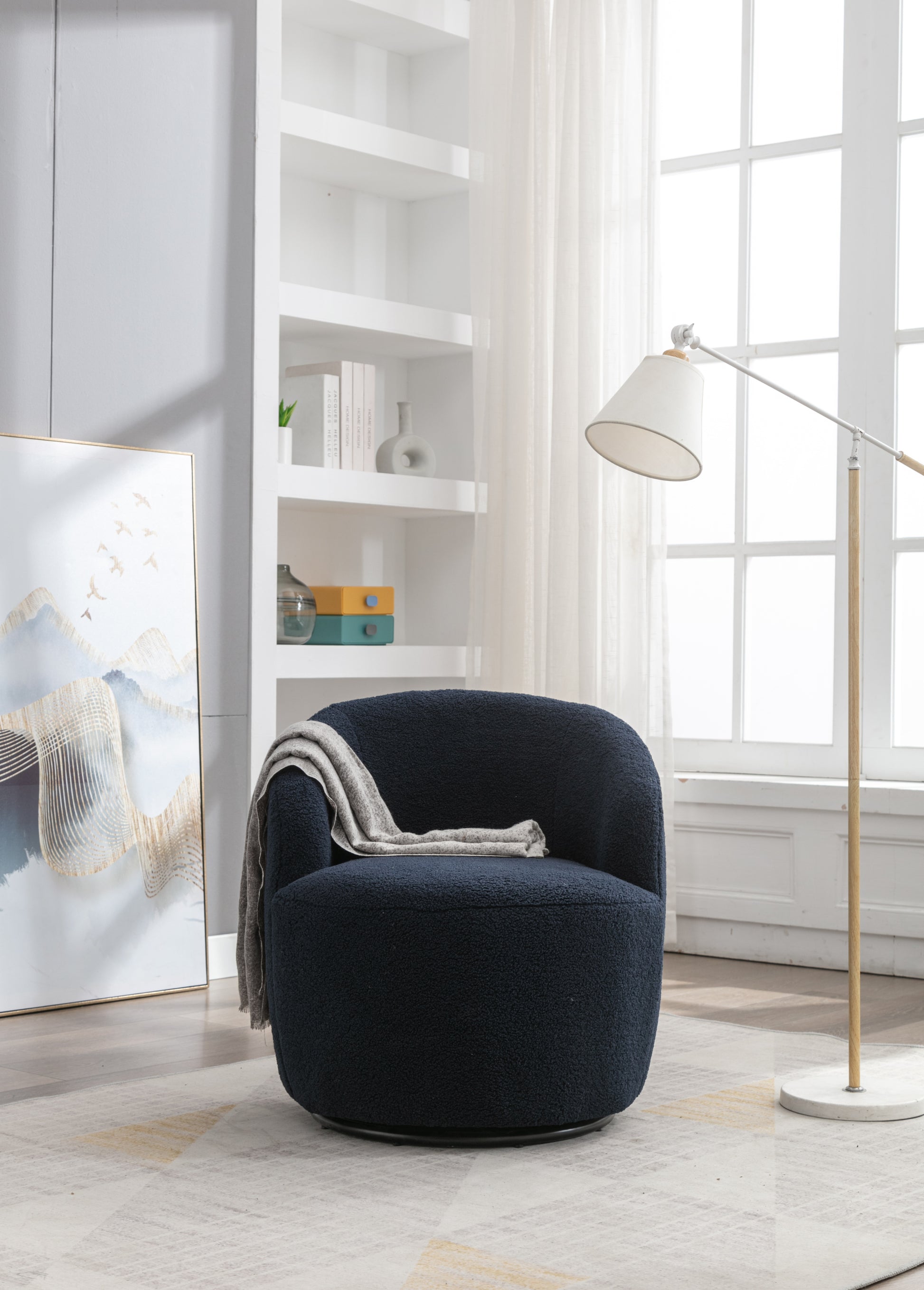 Teddy Fabric Swivel Accent Armchair Barrel Chair With Black Powder Coating Metal Ring,Dark Blue Dark Blue Foam Upholstered