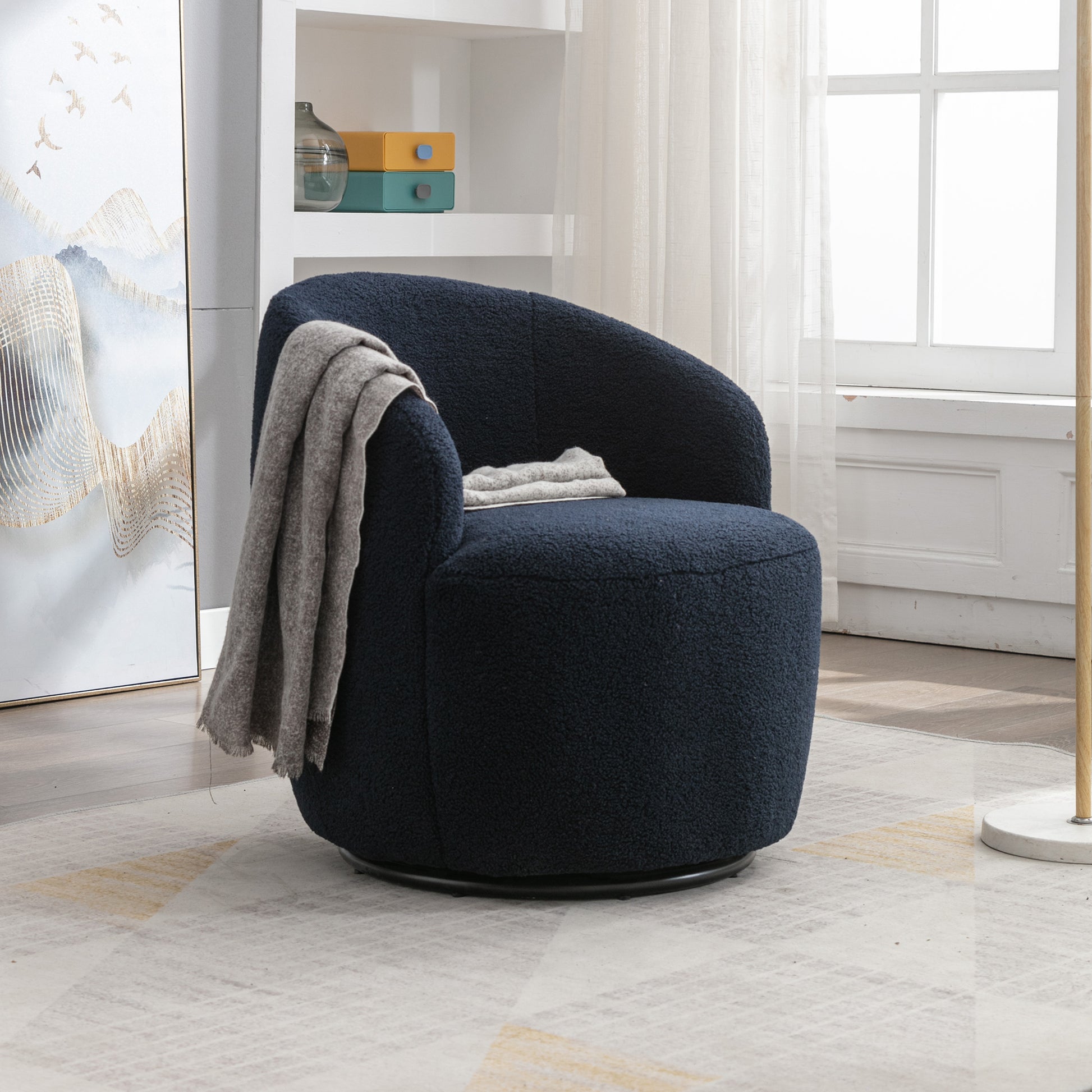 Teddy Fabric Swivel Accent Armchair Barrel Chair With Black Powder Coating Metal Ring,Dark Blue Dark Blue Foam Upholstered