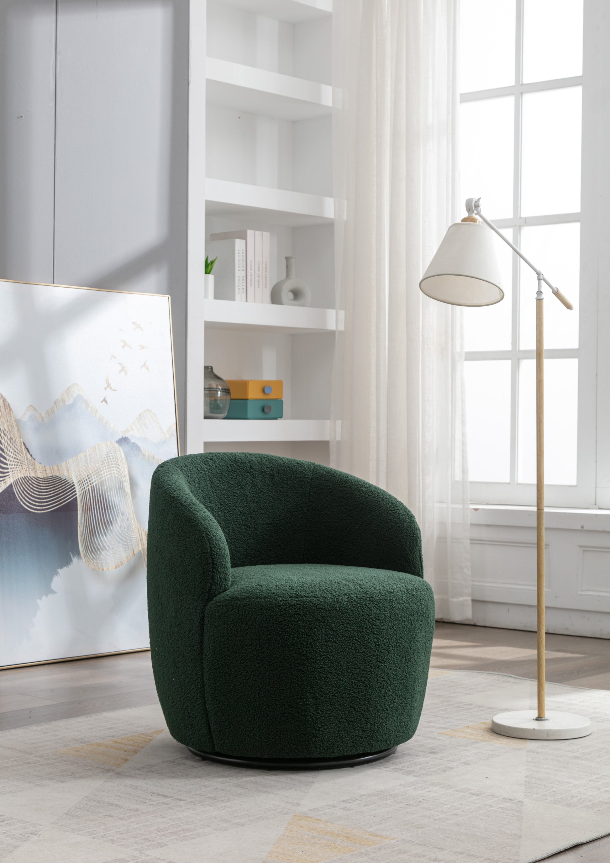 Teddy Fabric Swivel Accent Armchair Barrel Chair With Black Powder Coating Metal Ring,Dark Green Green Foam Upholstered