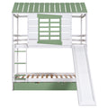 Twin Over Twin Size House Bunk Bed With Convertible Slide And Trundle, White Green White Pine