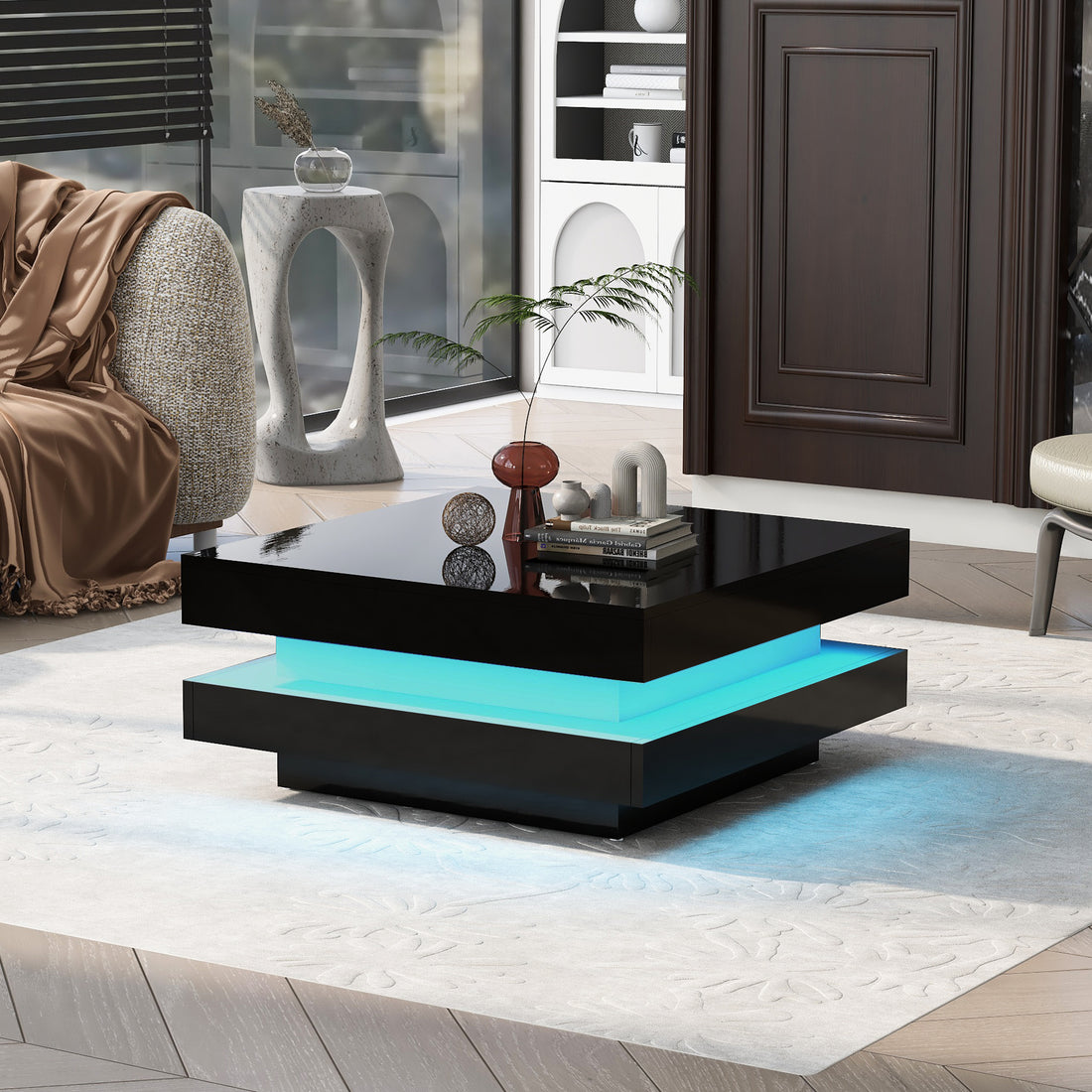 High Gloss Minimalist Design With Led Lights, 2 Tier Square Coffee Table, Center Table For Living Room, 31.5''X31.5''X14.2'',Black Black Particle Board