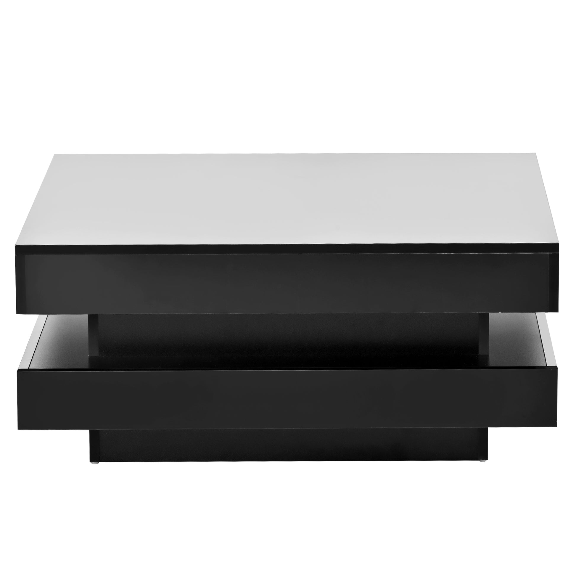 High Gloss Minimalist Design With Led Lights, 2 Tier Square Coffee Table, Center Table For Living Room, 31.5''X31.5''X14.2'',Black Black Particle Board
