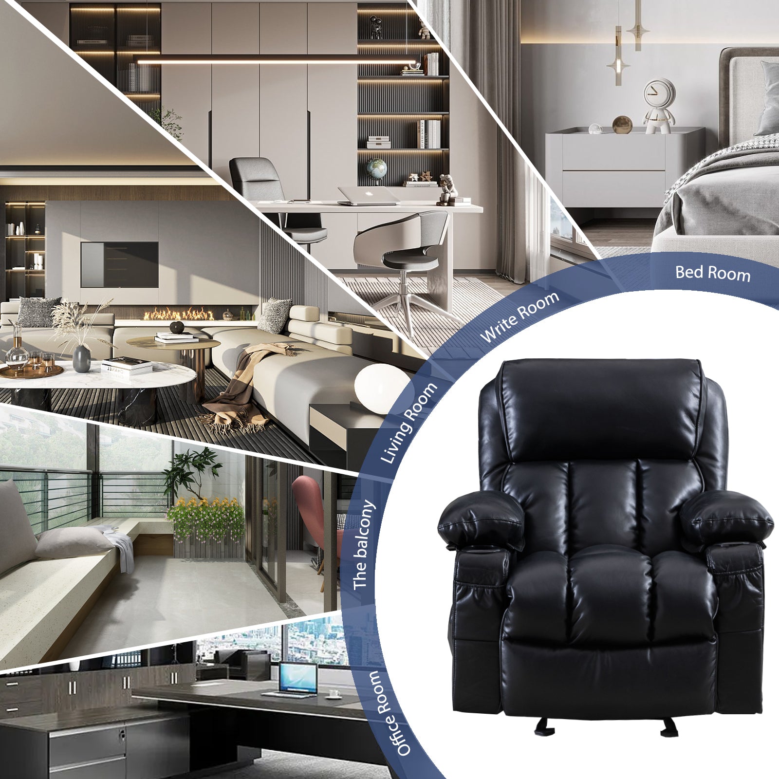 Recliner Chair For Living Room With Rocking Function And Side Pocket Black Soft Foam Polyester
