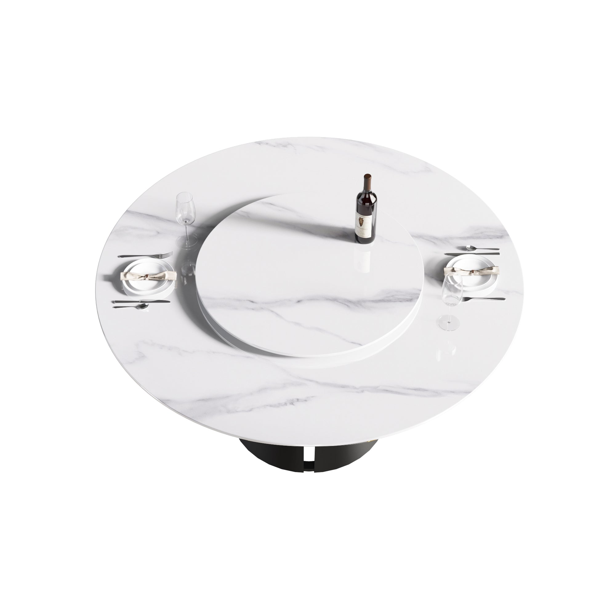 59.05"Modern Artificial Stone Round Black Carbon Steel Base Dining Table Can Accommodate 6 People 31.5"White Artificial Stone Turntable White Metal Marble