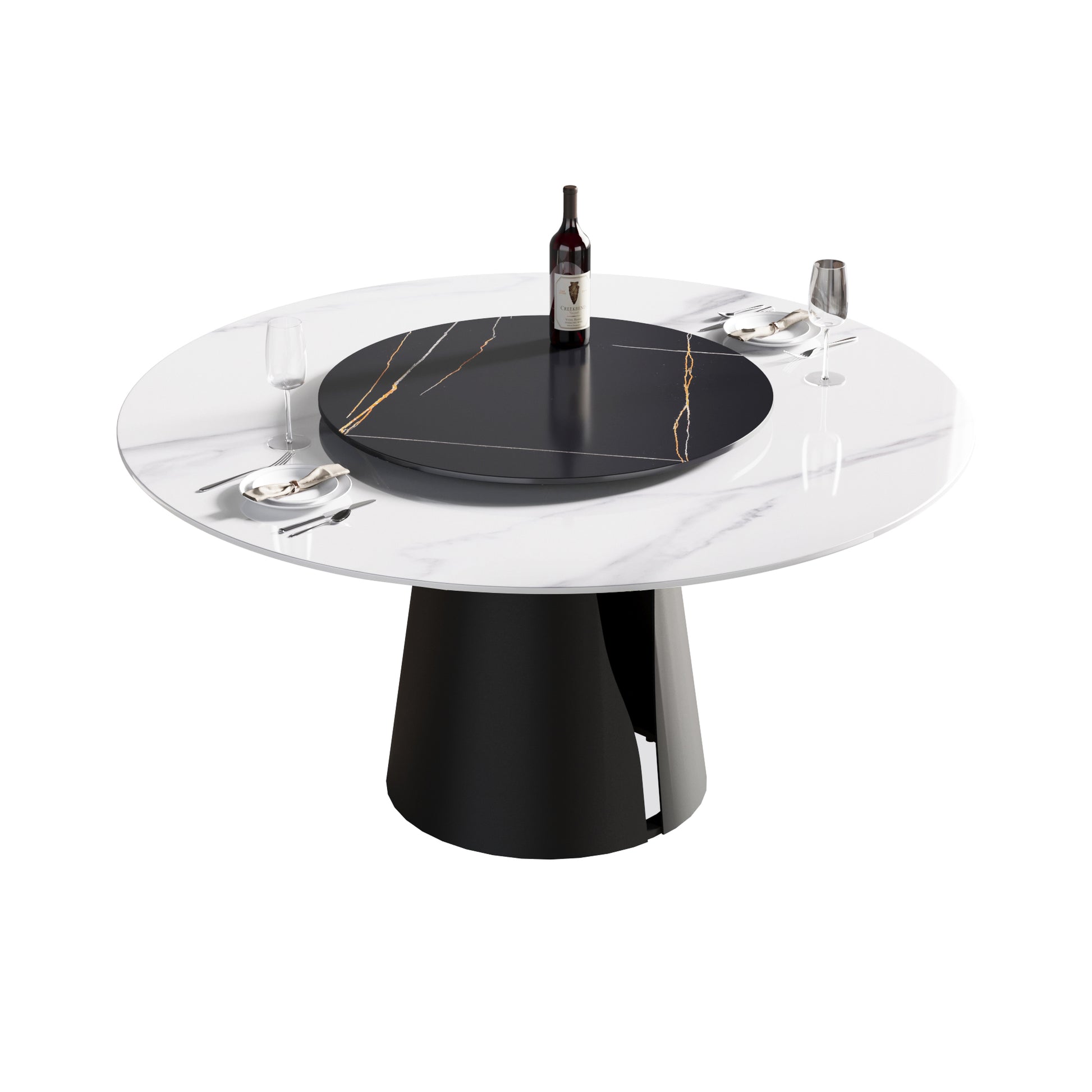 59.05"Modern Artificial Stone Round Black Carbon Steel Base Dining Table Can Accommodate 6 People 31.5"Black Artificial Stone Turntable White Black Metal Marble