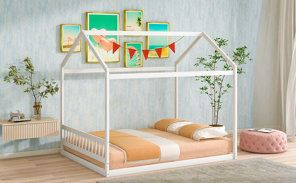 Queen Size Wooden House Bed With Headboard,White White Pine