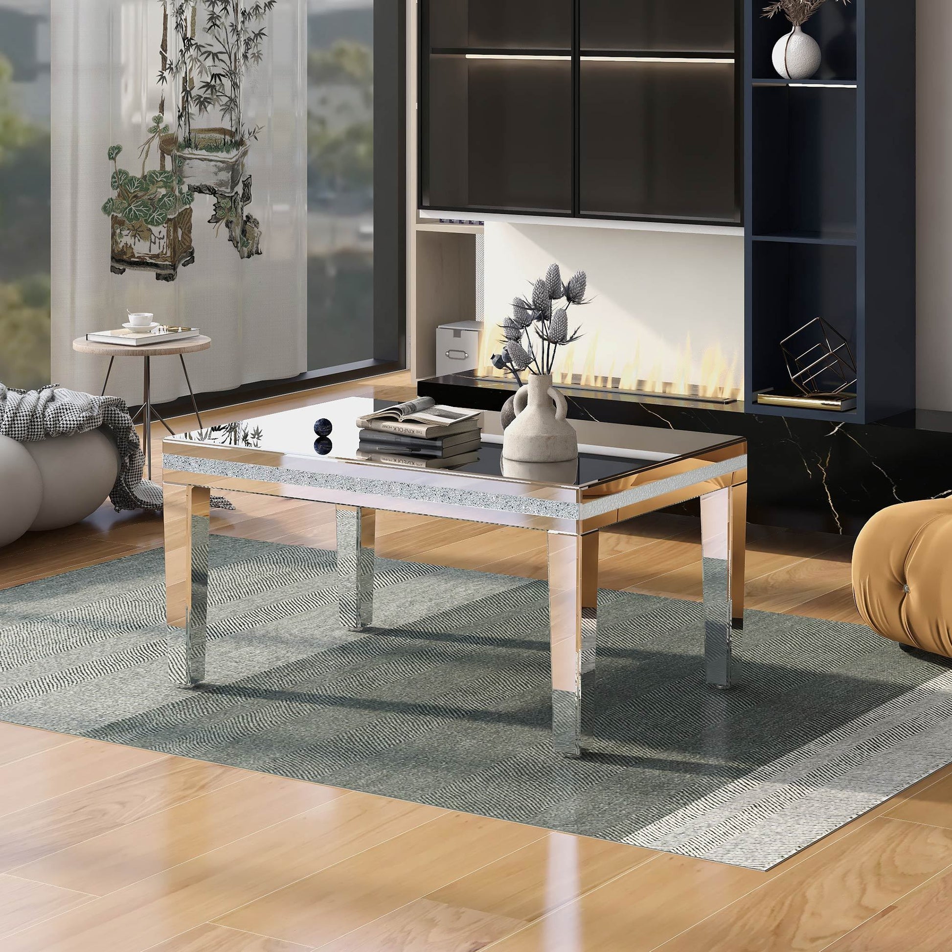 Fashionable Modern Glass Mirrored Coffee Table, Easy Assembly Cocktail Table With Crystal Design And Adjustable Height Legs, Silver Silver Glass