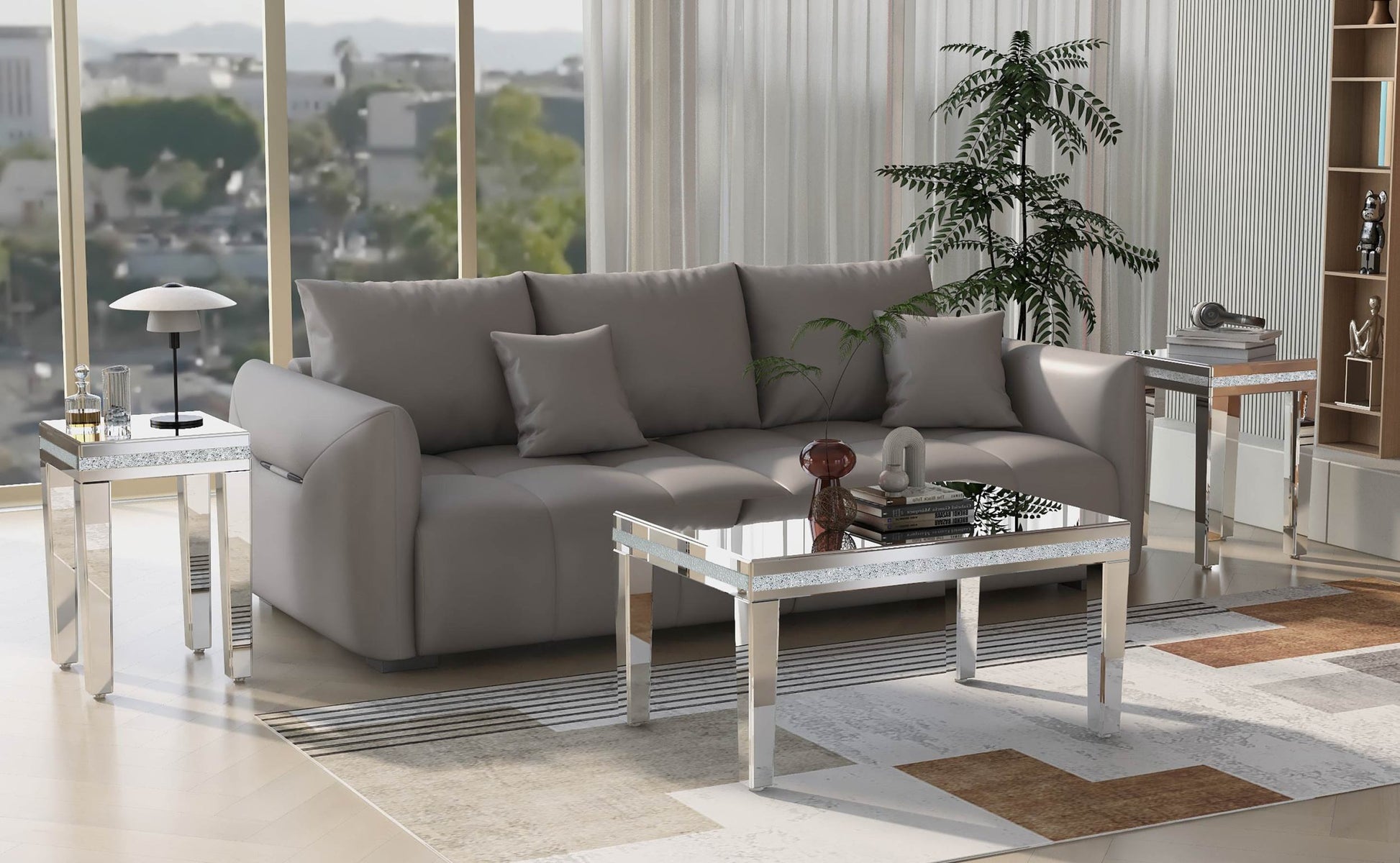 Fashionable Modern Glass Mirrored Coffee Table Set Of 3, Easy Assembly Crystal Design Cocktail Table With 2 End Tables For Apartment Home Office, Silver Silver Glass