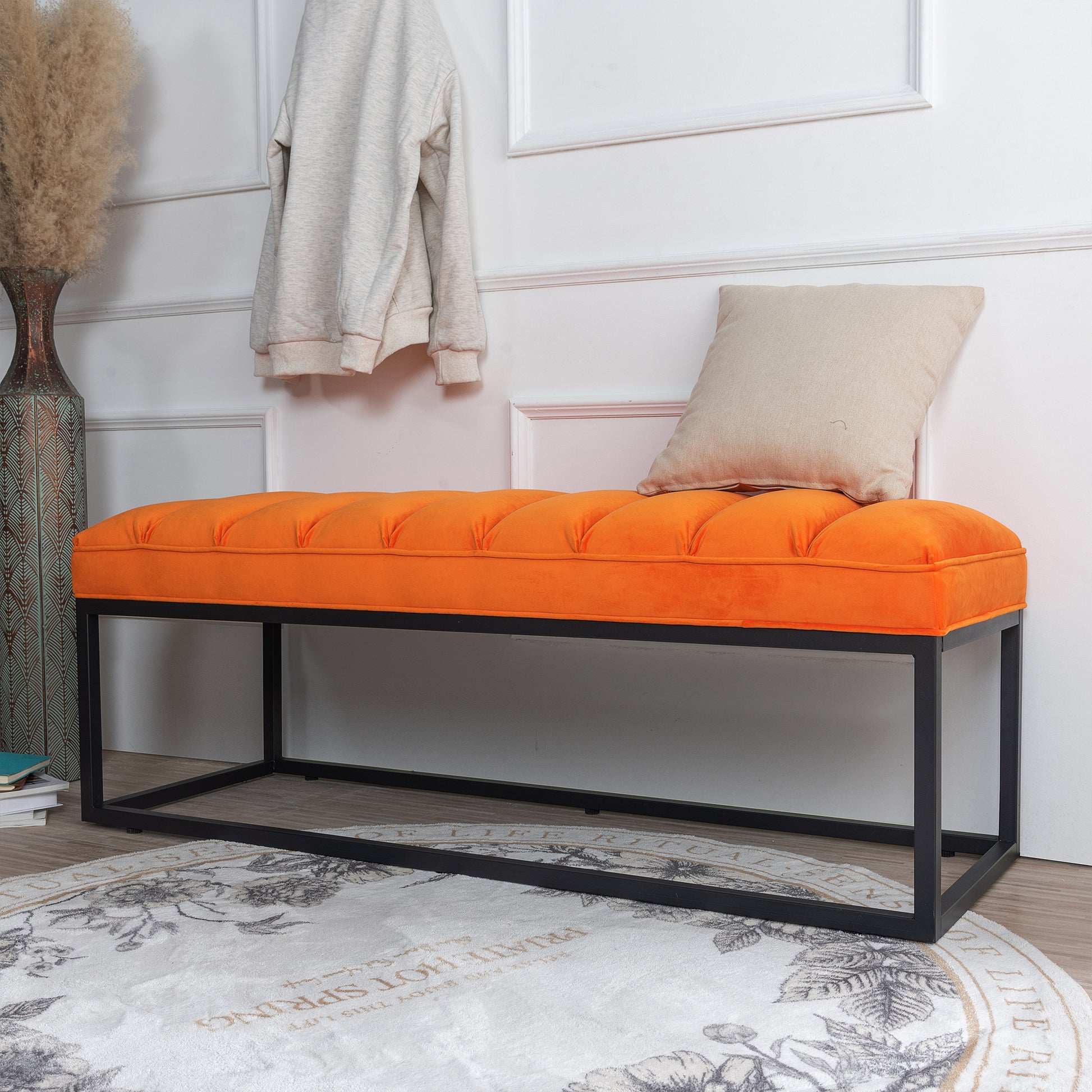 Metal Base Upholstered Bench For Bedroom For Entryway Orange Fabric