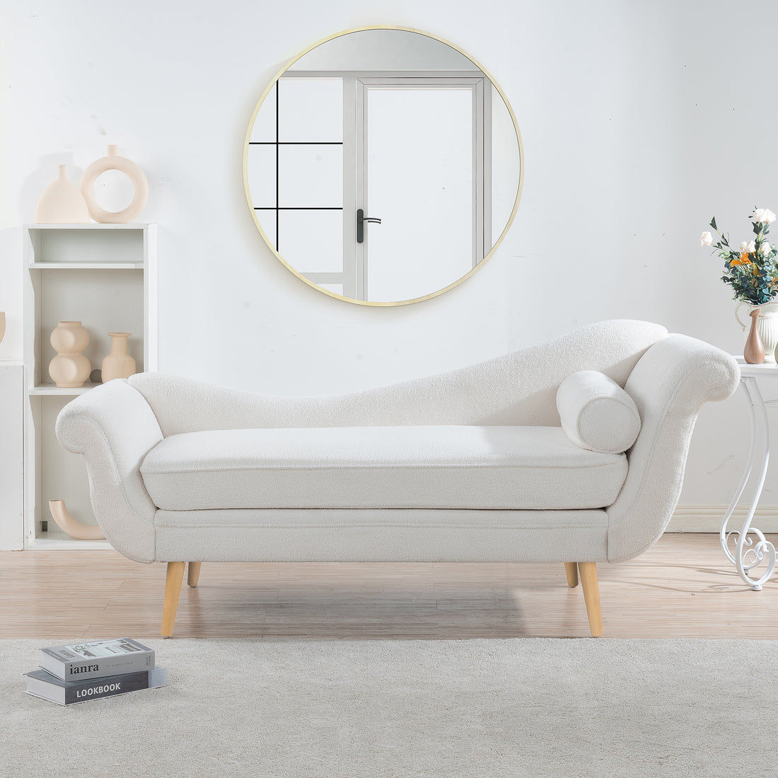 Chaise Lounge With Scroll Arms White Fabric