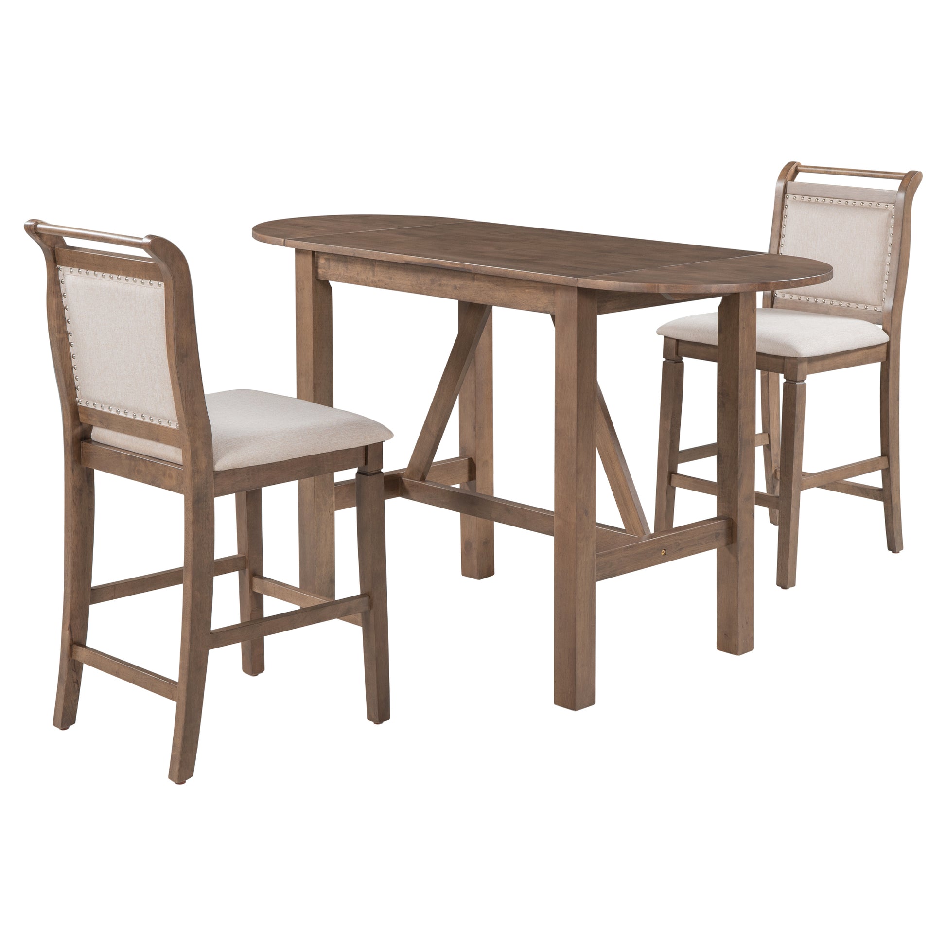 3 Piece Wood Counter Height Drop Leaf Dining Table Set With 2 Upholstered Dining Chairs For Small Place, Brown Brown Wood Dining Room Folding Rubberwood Oval Dining Table With Chair Upholstered