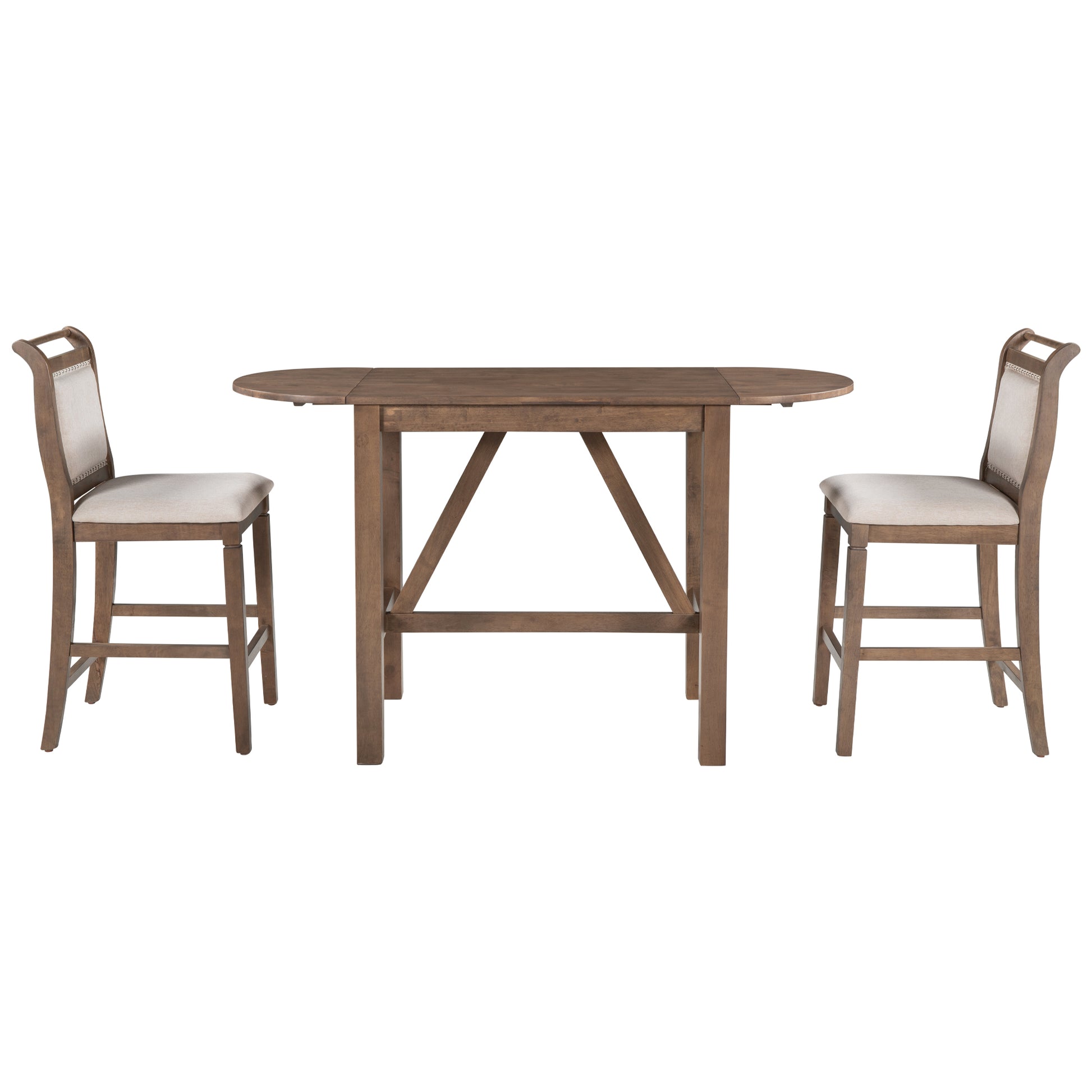3 Piece Wood Counter Height Drop Leaf Dining Table Set With 2 Upholstered Dining Chairs For Small Place, Brown Brown Wood Dining Room Folding Rubberwood Oval Dining Table With Chair Upholstered