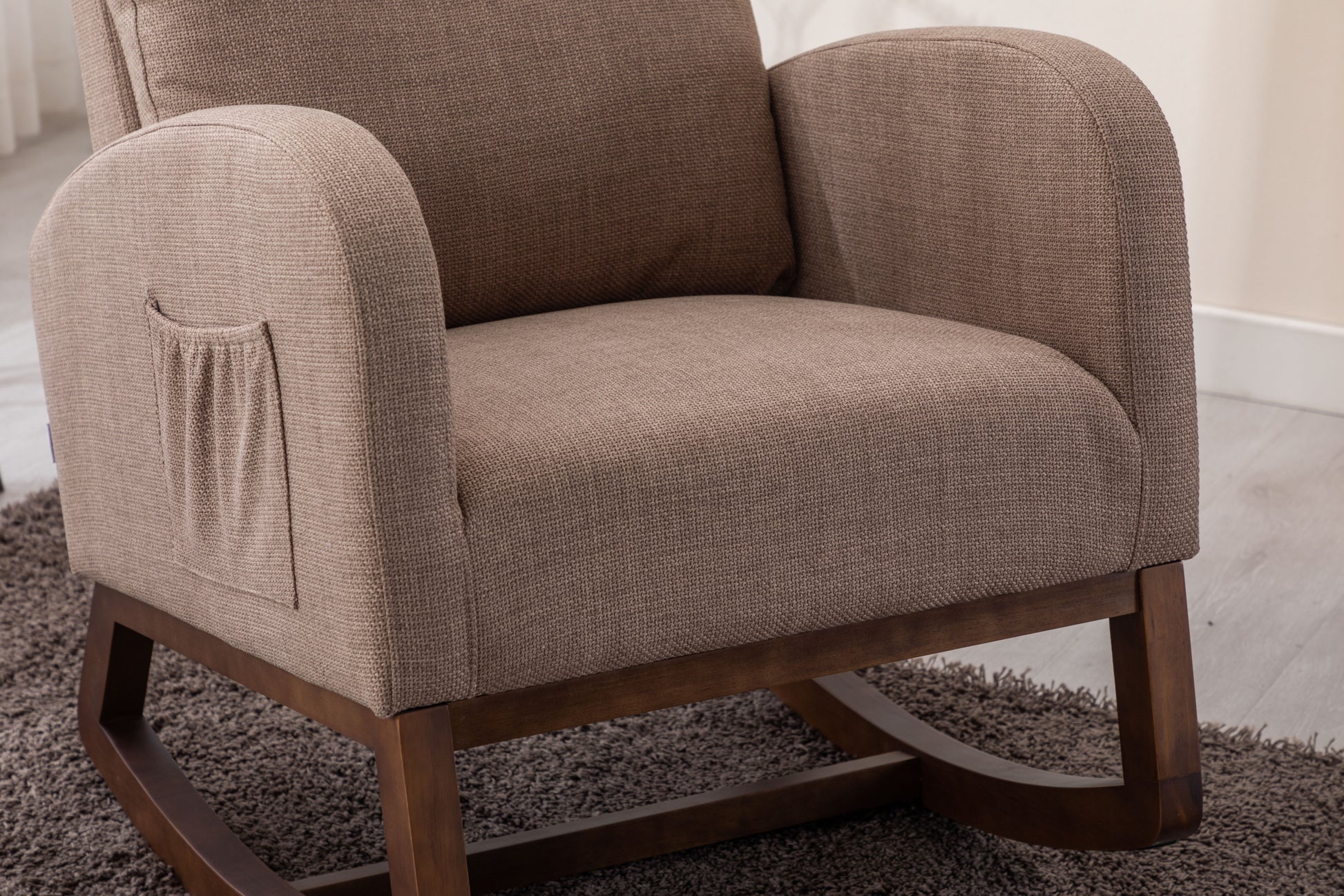 Coolmore Rocking Chair, Modern Glider Chair, Recliner Armchair With Wood Legs And Side Pocket, Nursery Rocking Accent Chair With High Back For Living Room Bedroom Camel Linen Camel Foam Solid Wood