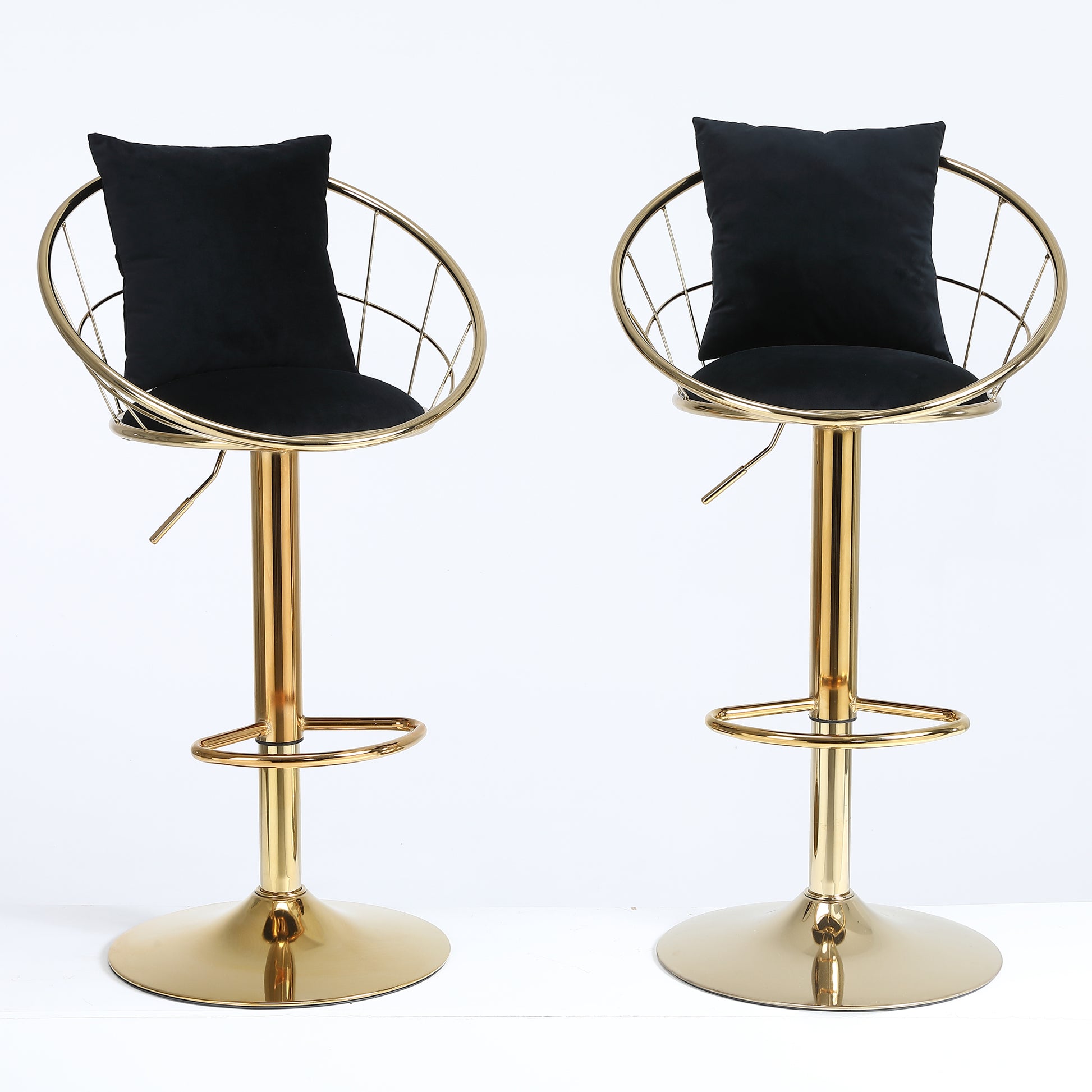 Black Velvet Bar Chair, Pure Gold Plated, Unique Design,360 Degree Rotation, Adjustable Height,Suitable For Dinning Room And Bar,Set Of 2 Black Velvet