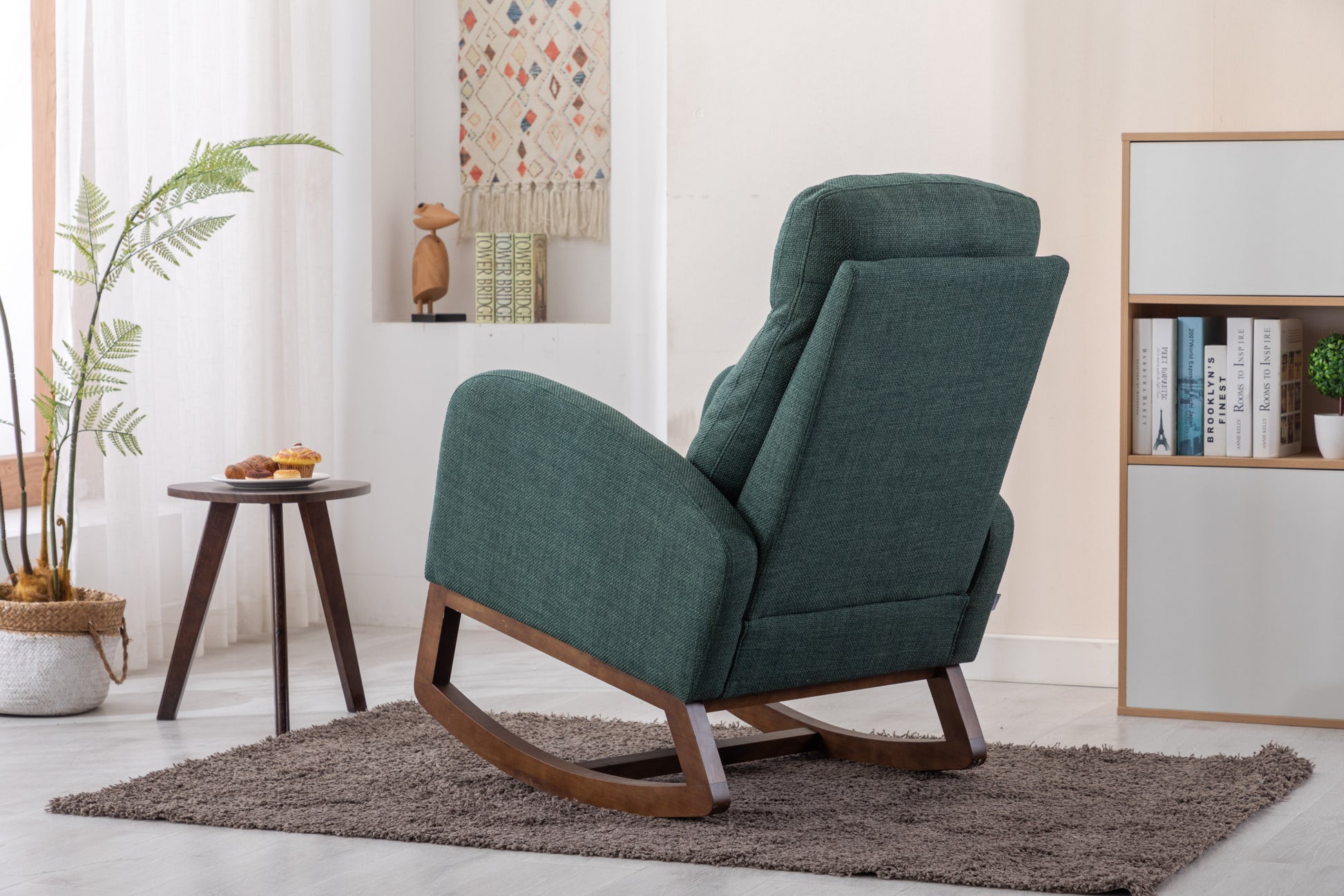 Coolmore Rocking Chair, Modern Glider Chair, Recliner Armchair With Wood Legs And Side Pocket, Nursery Rocking Accent Chair With High Back For Living Room Bedroom Emerald Linen Emerald Foam Solid Wood