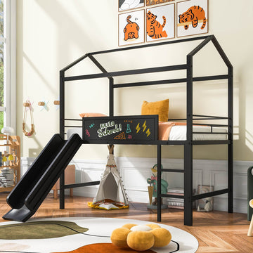 Metal House Bed With Slide, Twin Size Metal Loft Bed With Two Sided Writable Wooden Board Black Black Metal