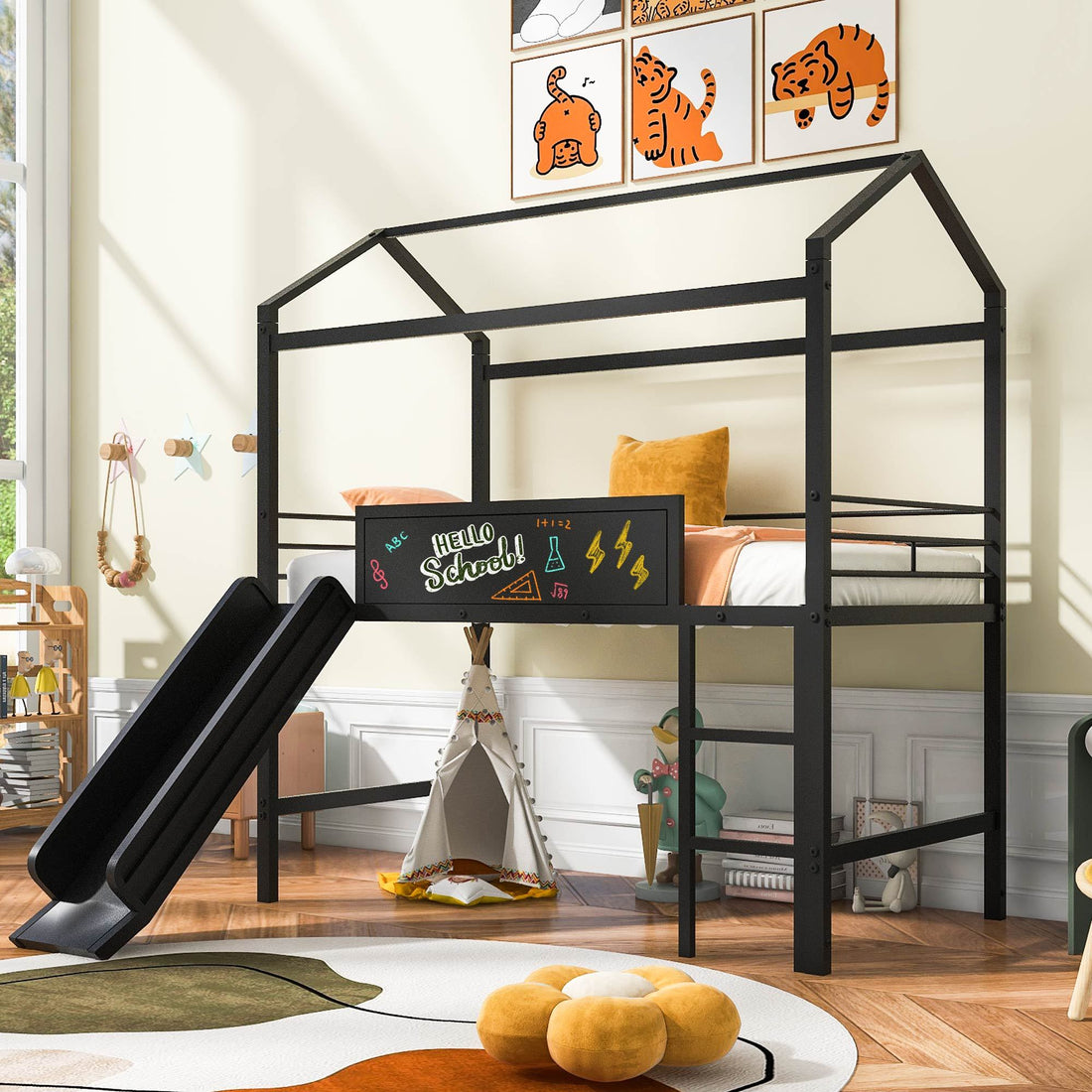 Metal House Bed With Slide, Twin Size Metal Loft Bed With Two Sided Writable Wooden Board Black Black Metal