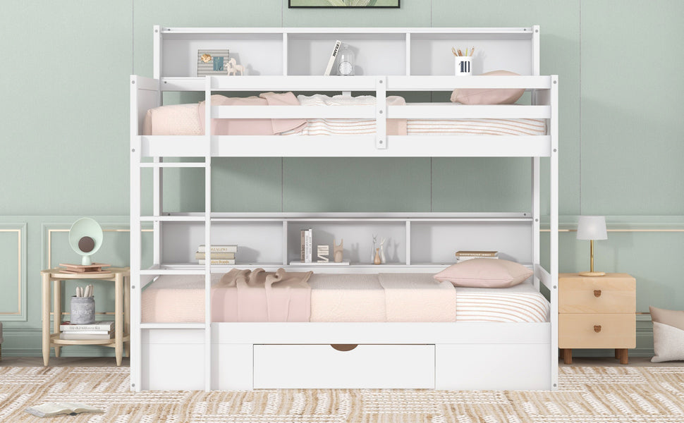 Twin Size Bunk Bed With Built In Shelves Beside Both Upper And Down Bed And Storage Drawer,White White Pine