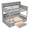 Twin Size Bunk Bed With Built In Shelves Beside Both Upper And Down Bed And Storage Drawer,Gray Gray Pine