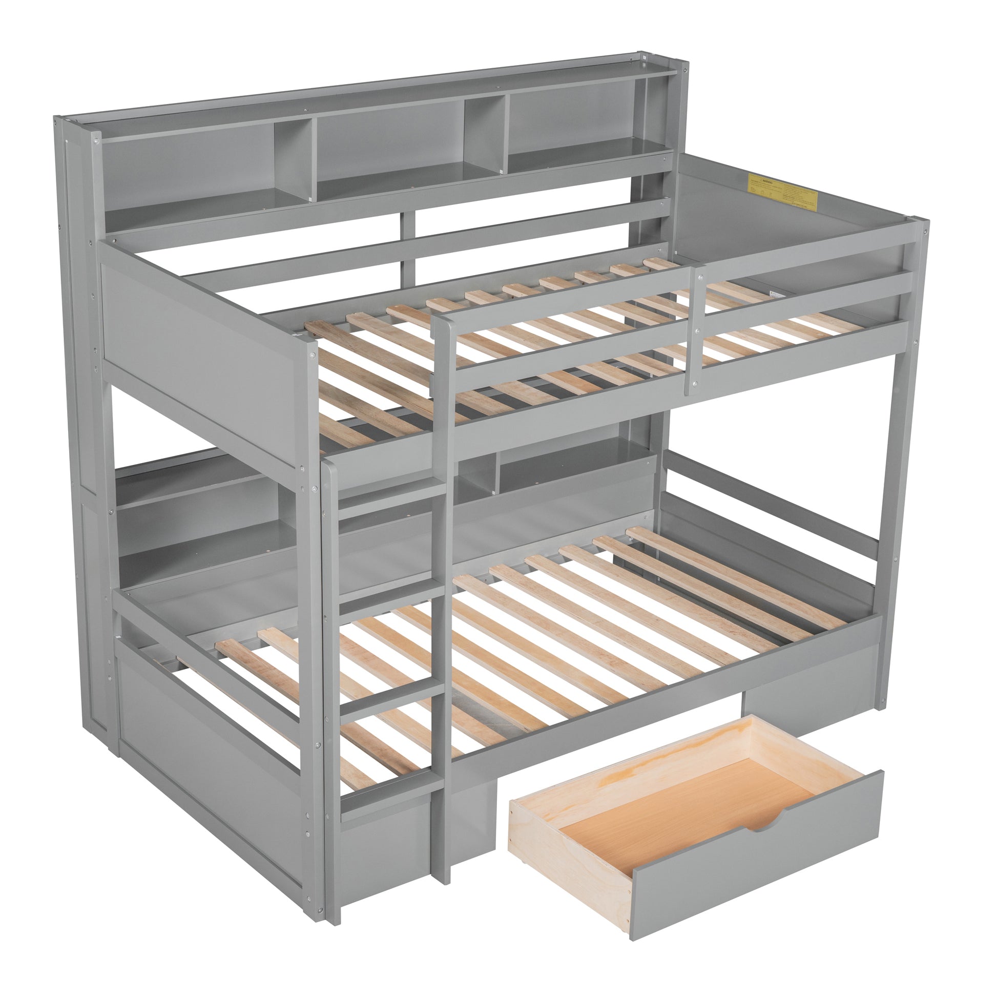 Twin Size Bunk Bed With Built In Shelves Beside Both Upper And Down Bed And Storage Drawer,Gray Gray Pine