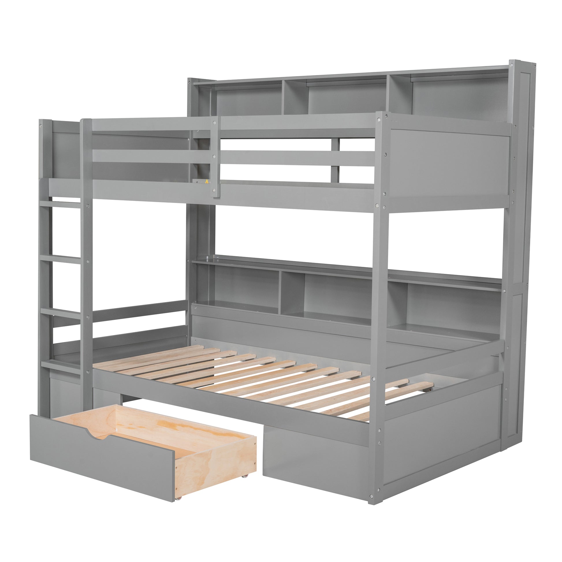 Twin Size Bunk Bed With Built In Shelves Beside Both Upper And Down Bed And Storage Drawer,Gray Gray Pine