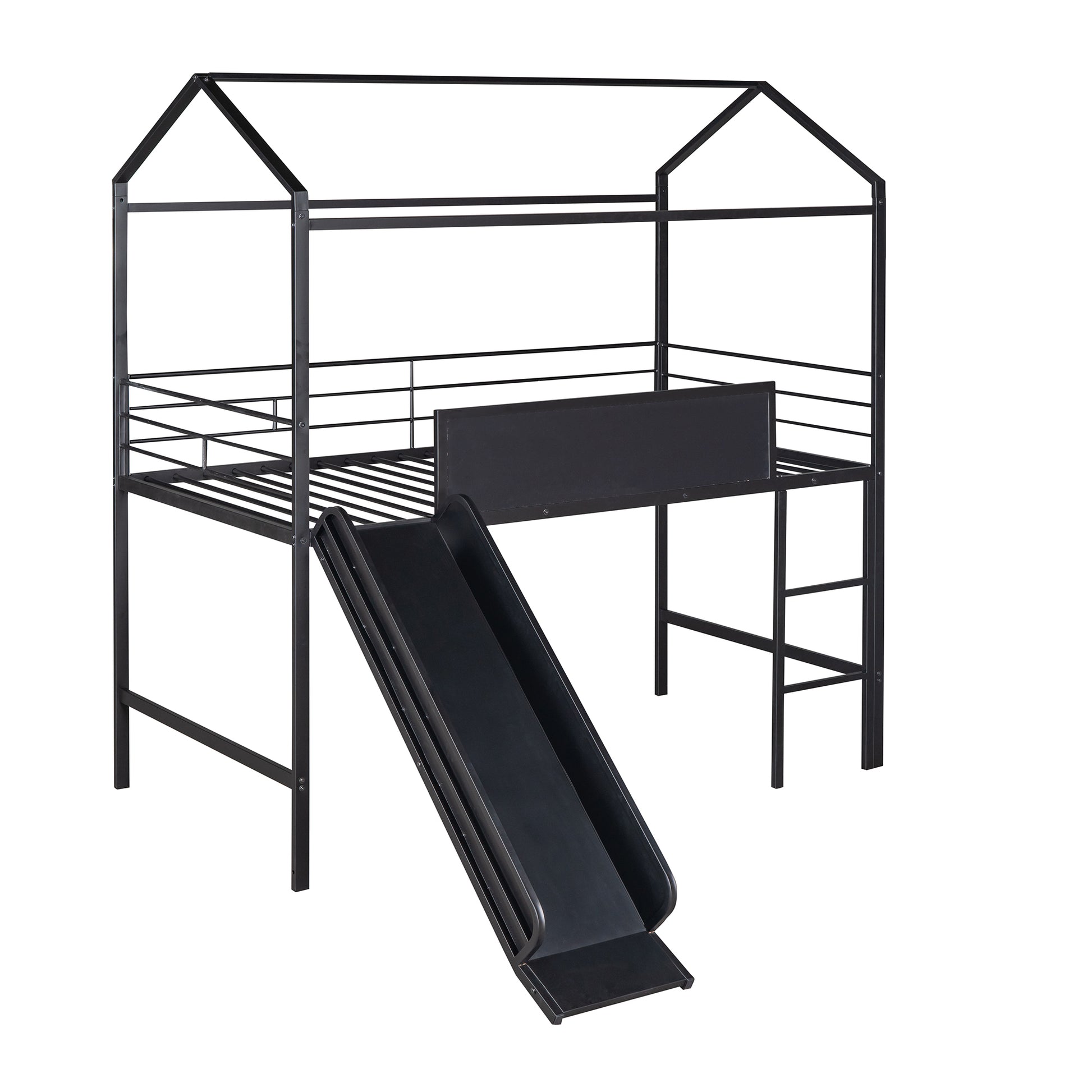 Metal House Bed With Slide, Twin Size Metal Loft Bed With Two Sided Writable Wooden Board Black Black Metal