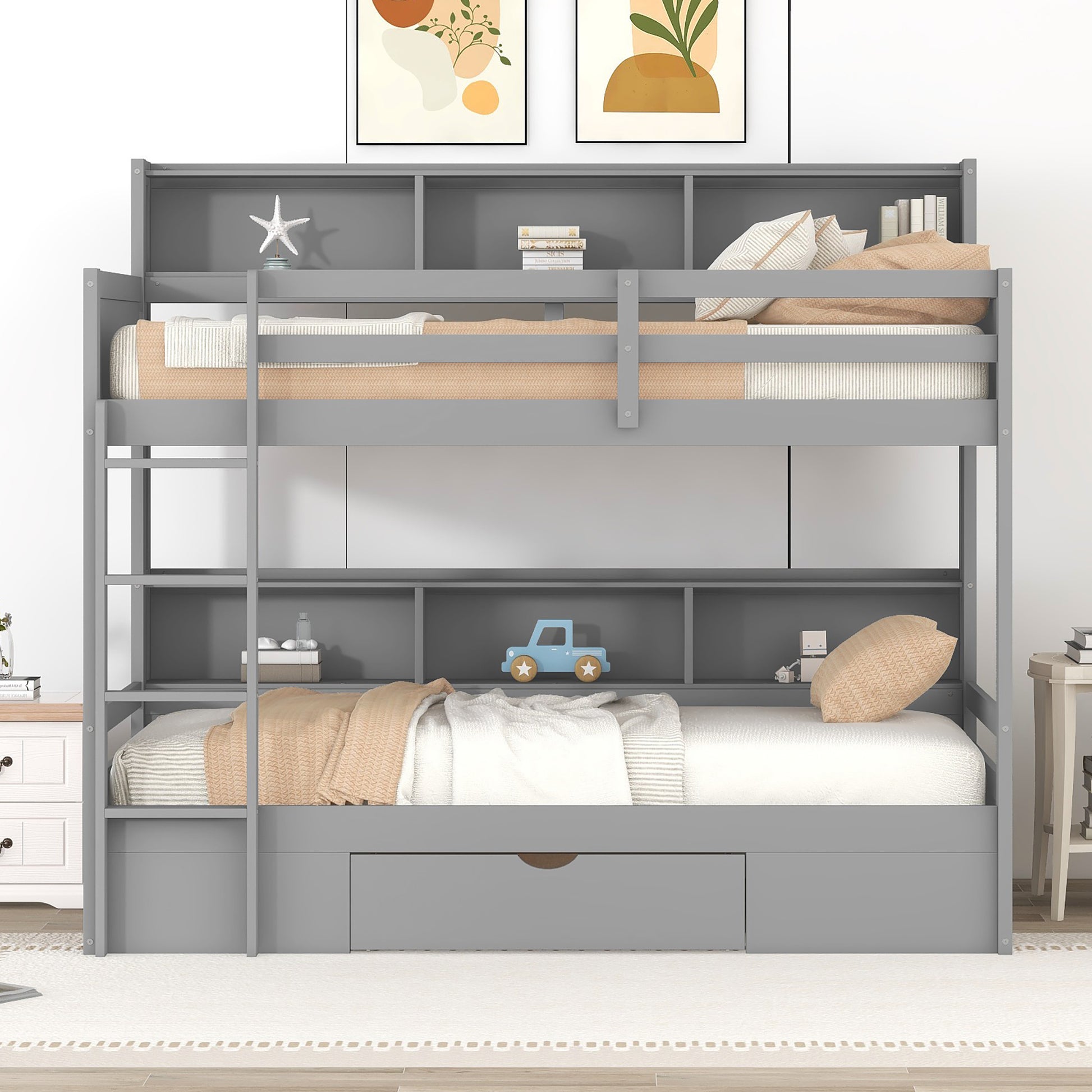 Twin Size Bunk Bed With Built In Shelves Beside Both Upper And Down Bed And Storage Drawer,Gray Gray Pine