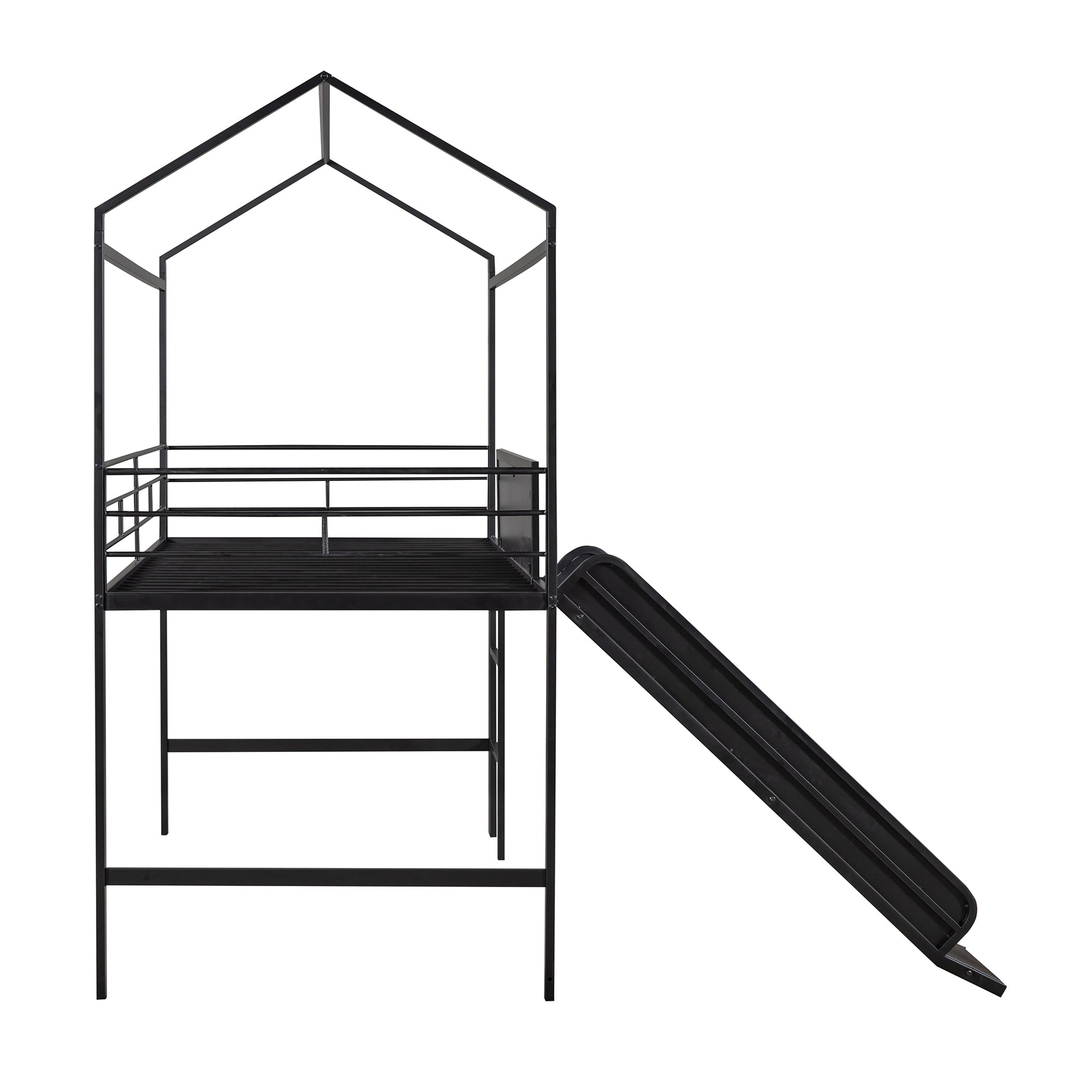 Metal House Bed With Slide, Twin Size Metal Loft Bed With Two Sided Writable Wooden Board Black Black Metal