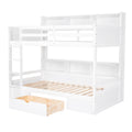 Twin Size Bunk Bed With Built In Shelves Beside Both Upper And Down Bed And Storage Drawer,White White Pine