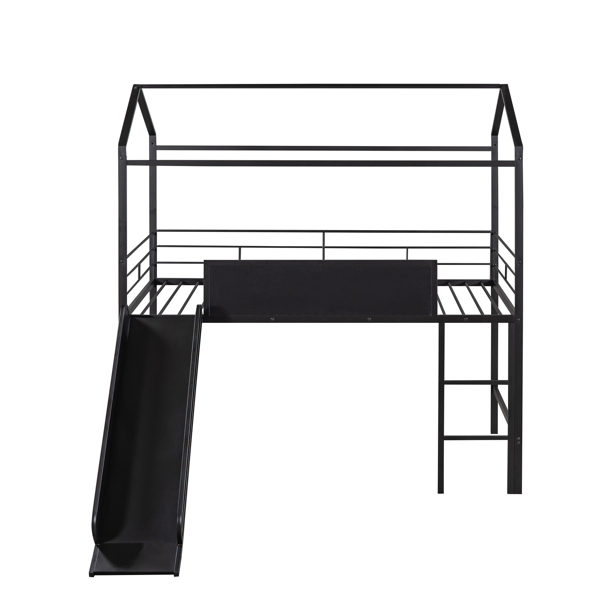 Metal House Bed With Slide, Twin Size Metal Loft Bed With Two Sided Writable Wooden Board Black Black Metal