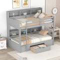 Twin Size Bunk Bed With Built In Shelves Beside Both Upper And Down Bed And Storage Drawer,Gray Gray Pine