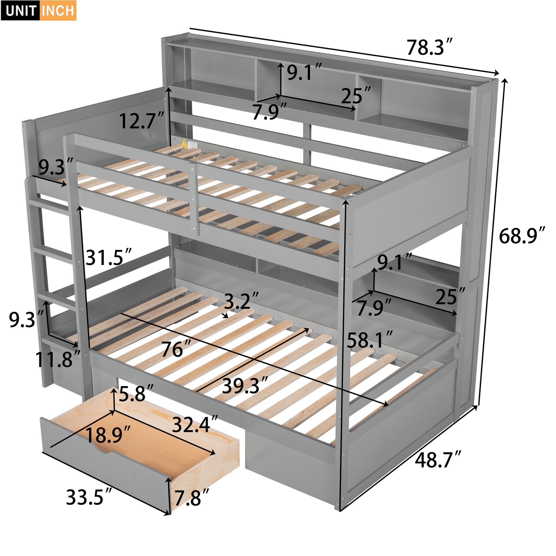 Twin Size Bunk Bed With Built In Shelves Beside Both Upper And Down Bed And Storage Drawer,Gray Gray Pine