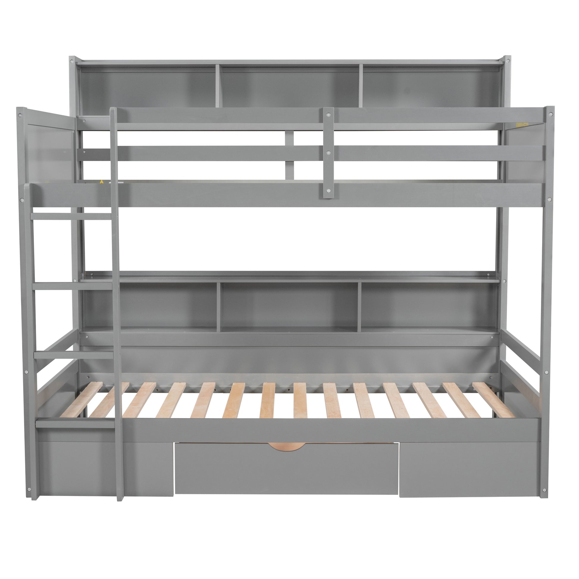 Twin Size Bunk Bed With Built In Shelves Beside Both Upper And Down Bed And Storage Drawer,Gray Gray Pine