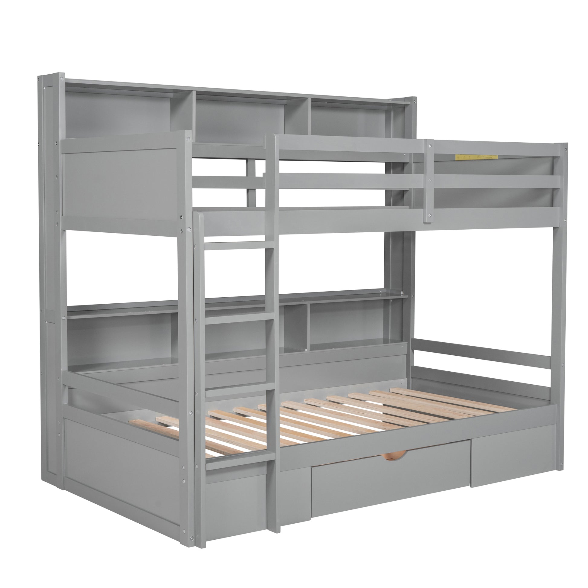 Twin Size Bunk Bed With Built In Shelves Beside Both Upper And Down Bed And Storage Drawer,Gray Gray Pine