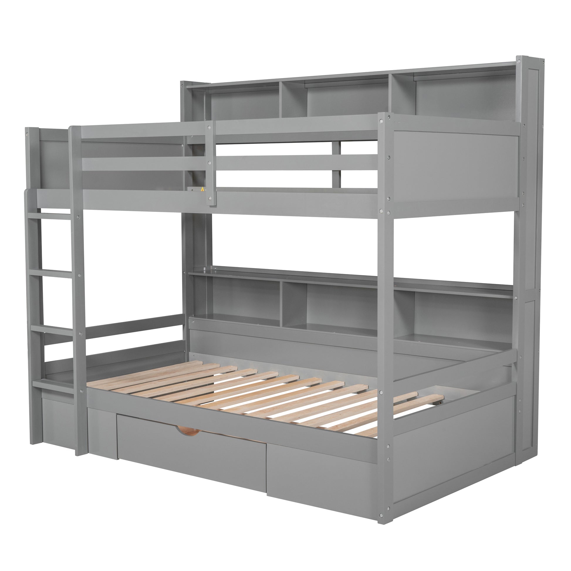 Twin Size Bunk Bed With Built In Shelves Beside Both Upper And Down Bed And Storage Drawer,Gray Gray Pine