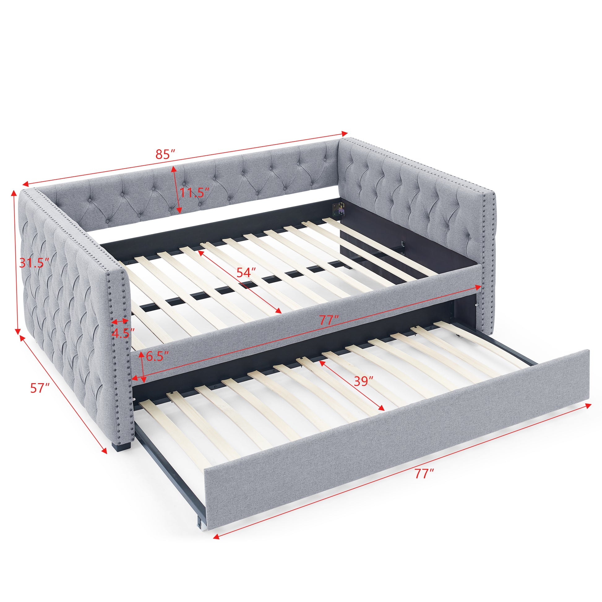 Daybed With Trundle Upholstered Tufted Sofa Bed, With Button And Copper Nail On Square Arms,Full Daybed & Twin Trundle, Grey 85"X57"X31.5" Grey Linen