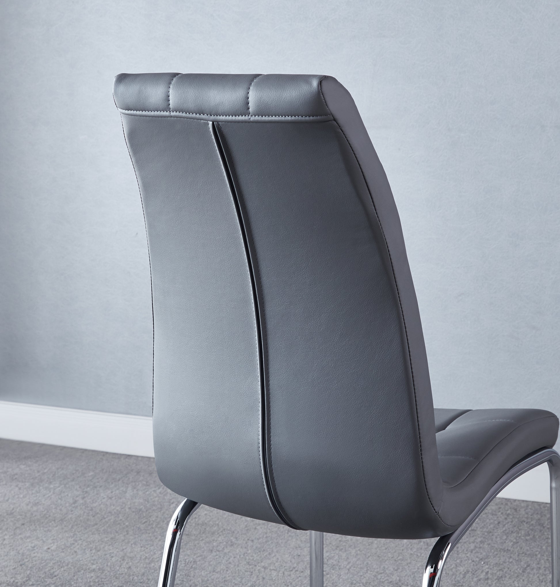 Modern Lattice Designdining Chair With Silver Metal Legs Set Of 4 Grey Leather