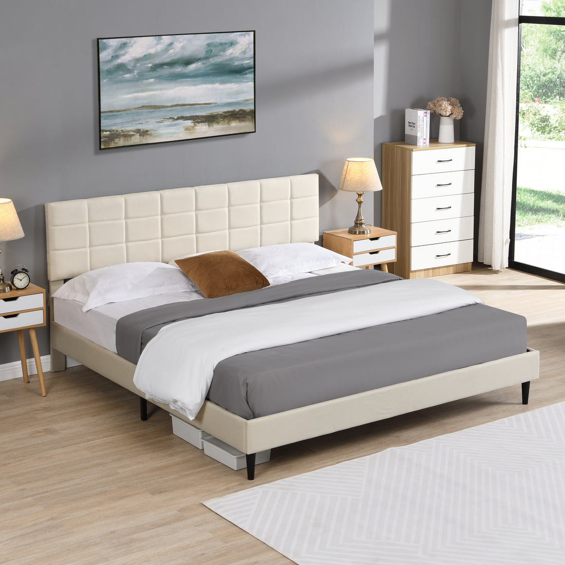 King Size Platform Bed Frame With Fabric Upholstered Headboard And Wooden Slats, No Box Spring Needed Easy Assembly, Dark Beige Beige Metal & Wood
