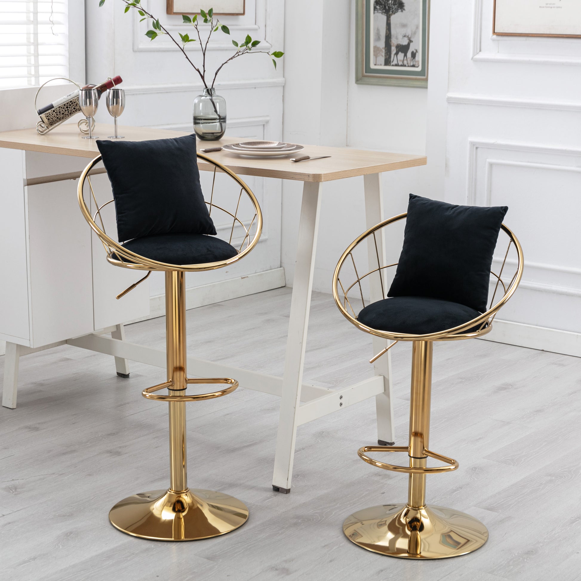 Black Velvet Bar Chair, Pure Gold Plated, Unique Design,360 Degree Rotation, Adjustable Height,Suitable For Dinning Room And Bar,Set Of 2 Black Velvet