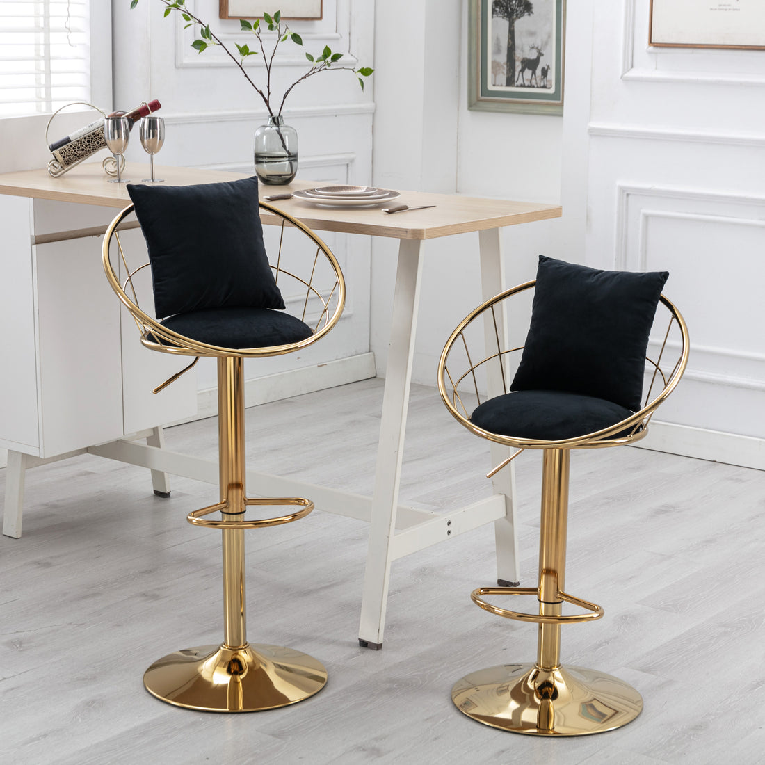 Black Velvet Bar Chair, Pure Gold Plated, Unique Design,360 Degree Rotation, Adjustable Height,Suitable For Dinning Room And Bar,Set Of 2 Black Velvet