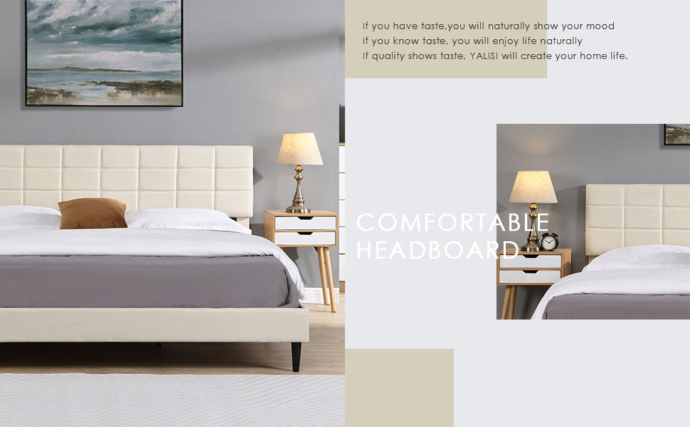 King Size Platform Bed Frame With Fabric Upholstered Headboard And Wooden Slats, No Box Spring Needed Easy Assembly, Dark Beige Beige Metal & Wood