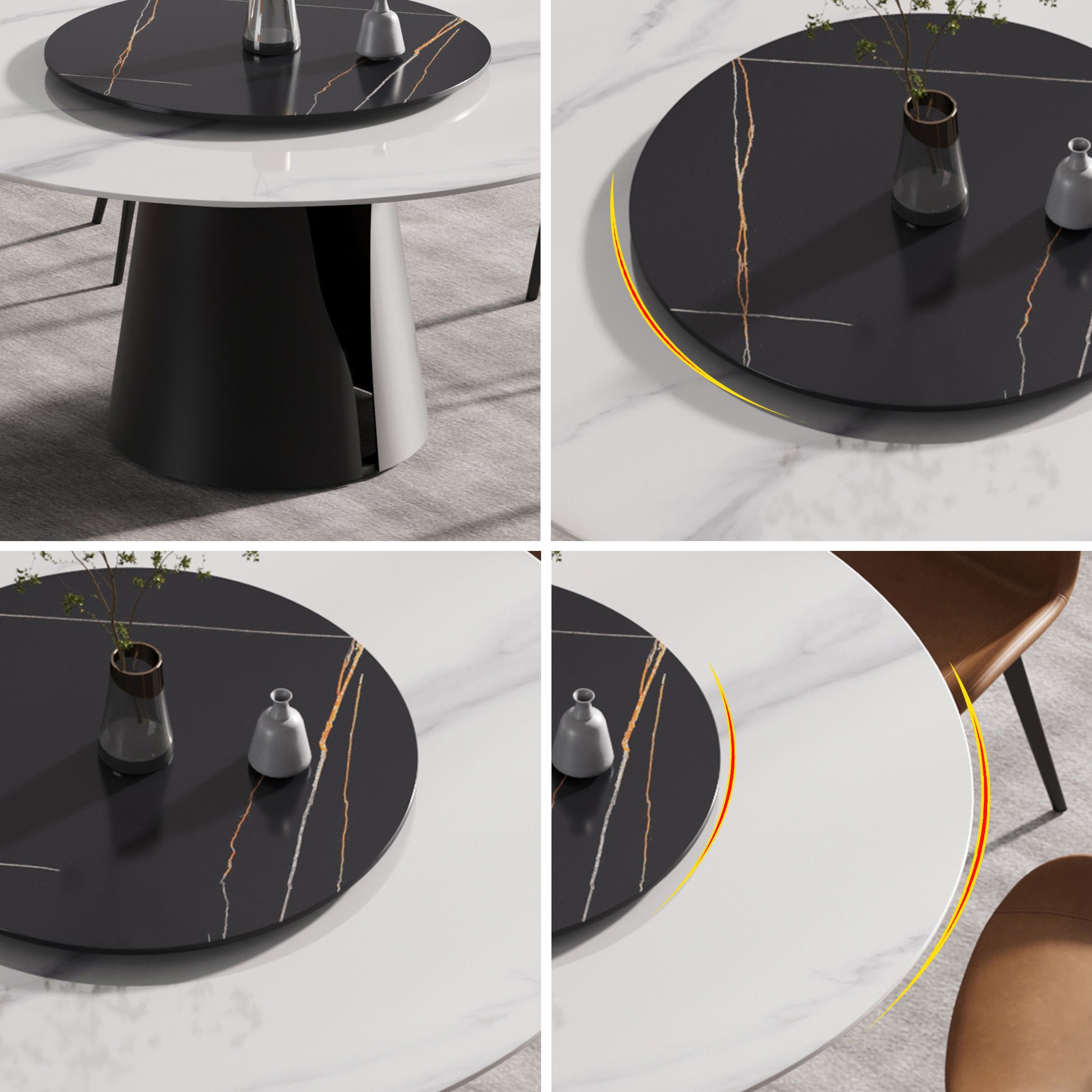59.05"Modern Artificial Stone Round Black Carbon Steel Base Dining Table Can Accommodate 6 People 31.5"Black Artificial Stone Turntable White Black Metal Marble