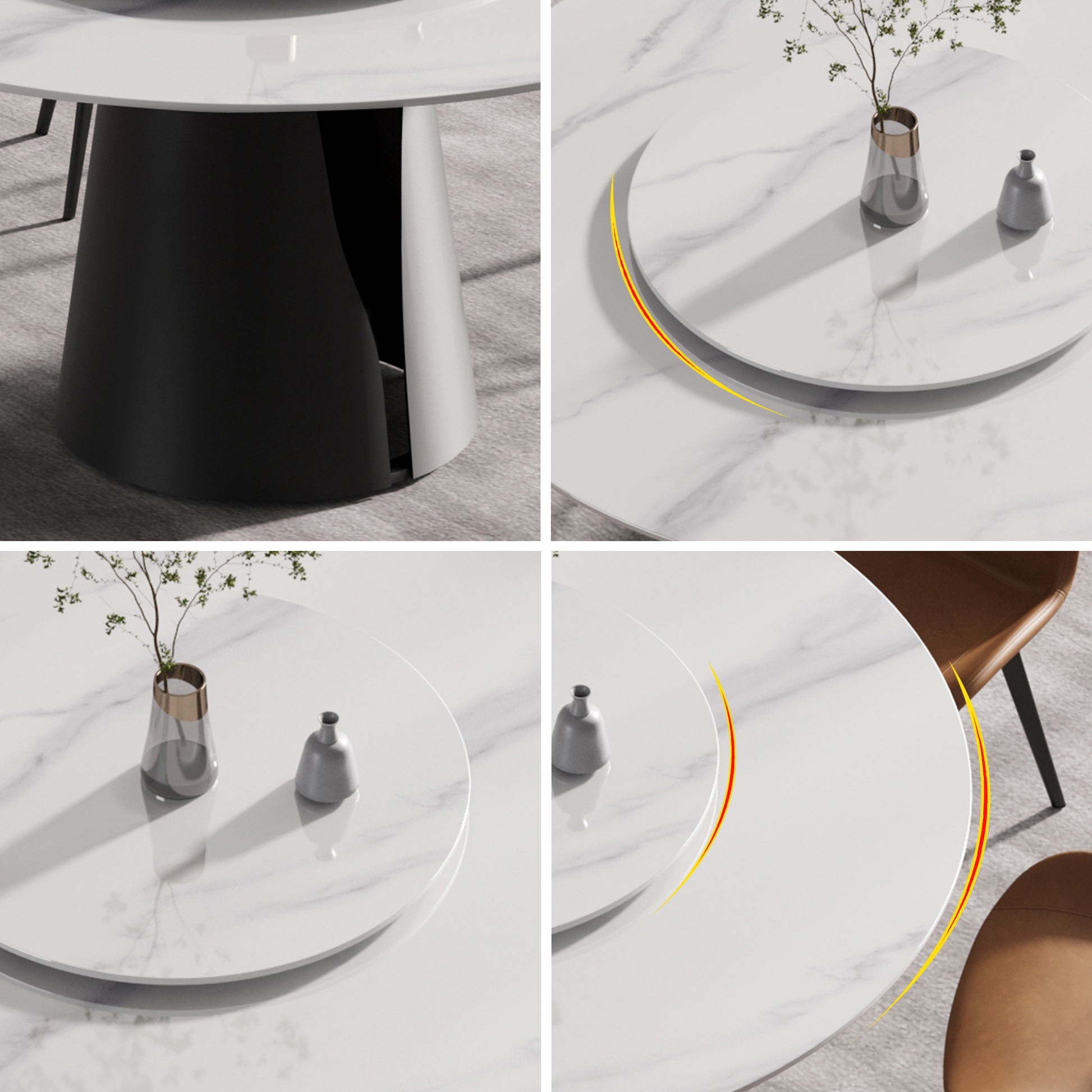 59.05"Modern Artificial Stone Round Black Carbon Steel Base Dining Table Can Accommodate 6 People 31.5"White Artificial Stone Turntable White Metal Marble