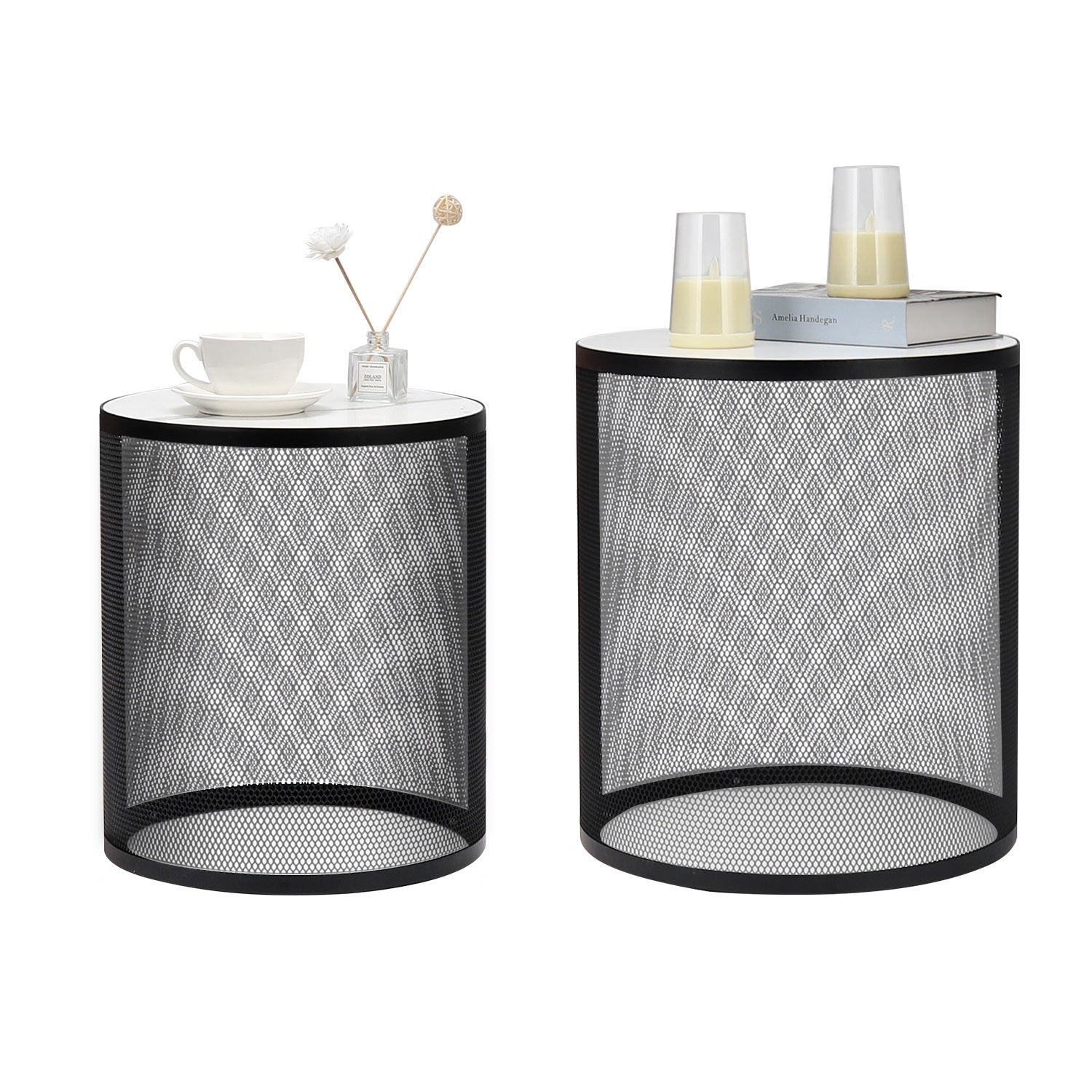 Set Of 2 Nesting Metal Round Coffee Table, Side Table Mdf Top End Table Nightstand For Indoor Multifunctional Use Black Metal & Wood