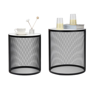 Set Of 2 Nesting Metal Round Coffee Table, Side Table Mdf Top End Table Nightstand For Indoor Multifunctional Use Black Metal & Wood