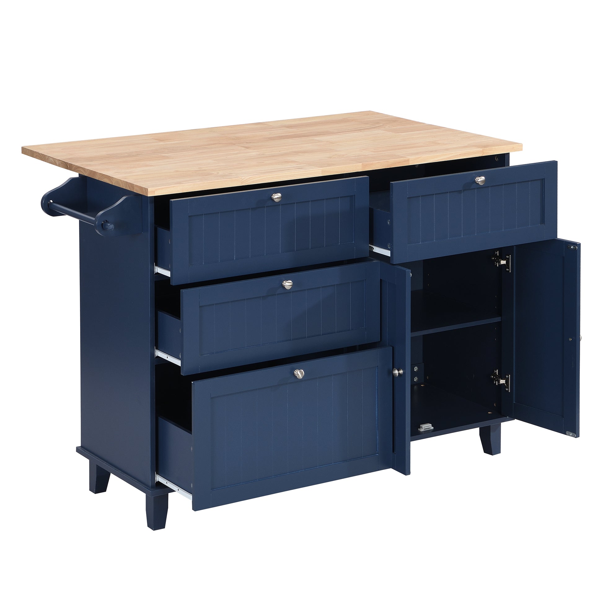 Farmhouse Kitchen Island Set With Drop Leaf And 2 Seatings,Dining Table Set With Storage Cabinet, Drawers And Towel Rack, Blue Black Brown Blue Kitchen Farmhouse Rectangular Kitchen Island Sets Rubberwood Solid Wood Small Less Than 40In