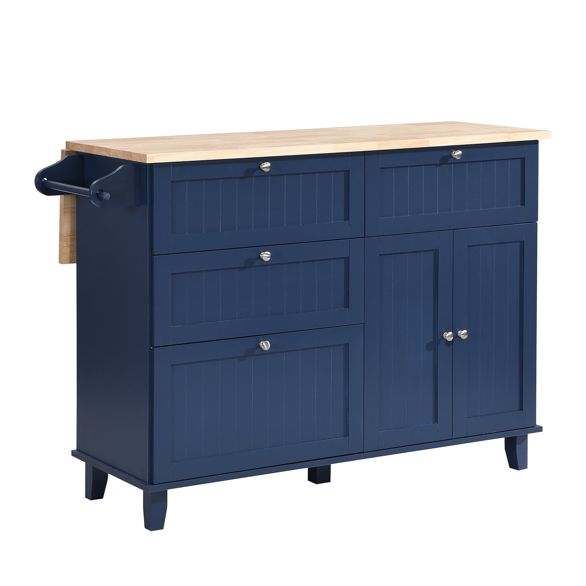 Farmhouse Kitchen Island Set With Drop Leaf And 2 Seatings,Dining Table Set With Storage Cabinet, Drawers And Towel Rack, Blue Black Brown Blue Kitchen Farmhouse Rectangular Kitchen Island Sets Rubberwood Solid Wood Small Less Than 40In